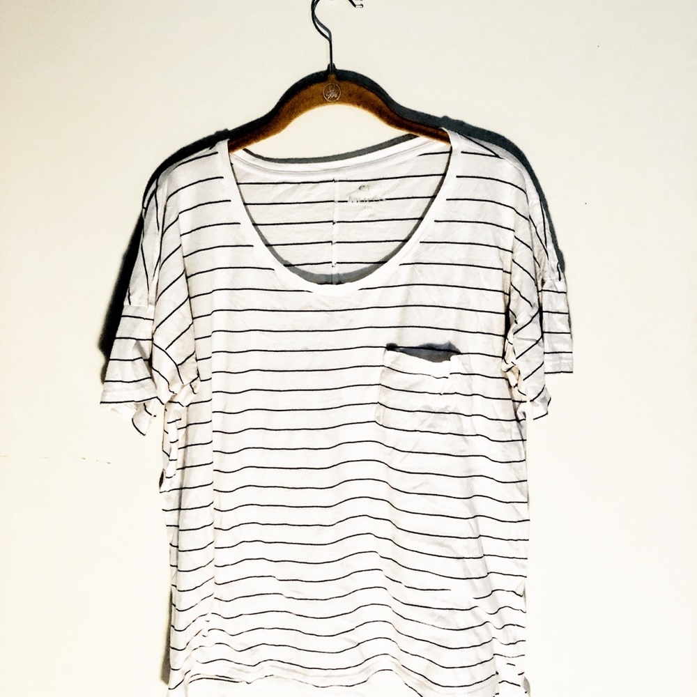 White and Black Striped T-Shirt with Pocket